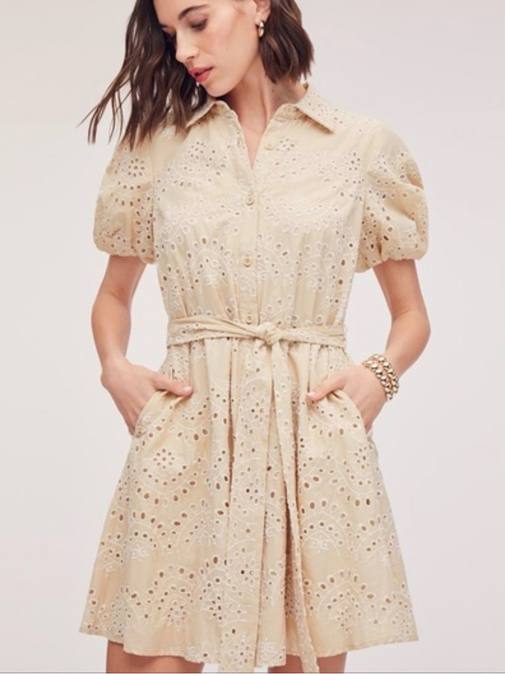 Sam Edelman Cream Eyelet Shirt Puff Sleeve Dress with Tie Waist size 4